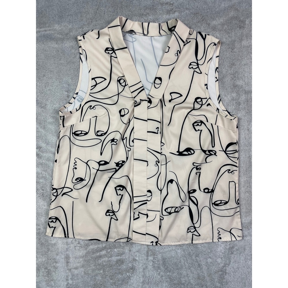 Women's Size XL Abstract Face Print Tank Top V-Neck Sleeveless‎ Blouse Beige